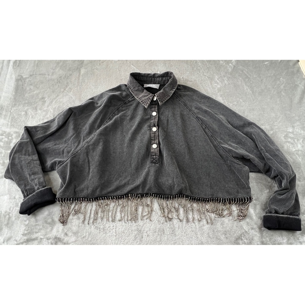 blue b. Cropped Polo Sweatshirt Womens Large Black Acid Wash Rhinestone Fringe